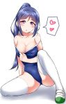  :o bare_shoulders blue_hair blue_swimsuit blush breasts cleavage collar_tug collarbone commentary_request competition_school_swimsuit eyebrows_visible_through_hair heart highleg highleg_swimsuit highres large_breasts long_hair long_sleeves love_live! love_live!_sunshine!! matsuura_kanan one-piece_swimsuit ponytail puffy_long_sleeves puffy_sleeves purple_eyes shoes sitting solo spoken_heart strap_slip swimsuit swimsuit_pull thighhighs uwabaki white_background white_legwear yopparai_oni 