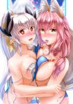  animal_ears bikini black_horns blush bow breast_press breasts cleavage collarbone day dragon_horns fate/grand_order fate_(series) fox_ears fox_tail hair_bow hair_ornament heart heart-shaped_pupils horns kiyohime_(fate/grand_order) kiyohime_(swimsuit_lancer)_(fate) large_breasts long_hair looking_at_viewer medium_breasts multiple_girls multiple_horns ocean orange_eyes outdoors pink_hair ponytail saliva side-tie_bikini silver_hair sweat swimsuit symbol-shaped_pupils symmetrical_docking tail tamamo_(fate)_(all) tamamo_no_mae_(swimsuit_lancer)_(fate) tongue tongue_out totororo yellow_bikini yellow_eyes 