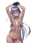  1girl arms_up athena_(fire_emblem) bare_arms belly bikini black_gloves blue_hair blush breasts dark_skin fire_emblem gloves large_breasts long_hair necklace orange_eyes own_hands_together solo standing stomach sweat swimsuit tagme tan underboob 