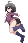  1girl ahoge artist_request ass bike_shorts blush boots brown_hair dual_wielding from_behind from_below hoodie linne looking_back panties purple_eyes shiny shiny_hair short_hair solo sword under_night_in-birth 