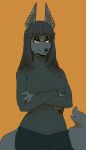  2018 canine clothed clothing crossed_arms ear_piercing fluffy fluffy_tail fully_clothed hair half-closed_eyes jackal long_hair looking_at_viewer mammal nightshade_(kadath) orange_background pants piercing simple_background smile standing turtleneck velvart 