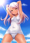  :d arms_behind_head arms_up ass_visible_through_thighs bangs blue_sky blush breasts brown_eyes cameltoe chloe_von_einzbern cloud covered_navel dark_skin day eyebrows_visible_through_hair fate/kaleid_liner_prisma_illya fate_(series) hair_between_eyes highres horizon ki_(kk-sk-ray) long_hair ocean old_school_swimsuit one-piece_swimsuit one_side_up open_mouth outdoors pink_hair school_swimsuit see-through sky small_breasts smile solo stomach_tattoo sunlight swimsuit tattoo wading water white_school_swimsuit white_swimsuit 