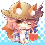  ;d animal_ear_fluff animal_ears bangle bikini blue_bikini blush bracelet breasts brown_eyes chibi cleavage collarbone commentary_request ears_through_headwear fang fate/grand_order fate_(series) flower fox_ears fox_girl fox_tail halftone halftone_background hat holding holding_umbrella jewelry long_hair medium_breasts one_eye_closed open_mouth parasol pink_hair red_flower scrunchie see-through short_sleeves smile solo straw_hat swimsuit tail tail_raised tamamo_(fate)_(all) tamamo_no_mae_(swimsuit_lancer)_(fate) twitter_username umbrella white_scrunchie wrist_scrunchie yukiyuki_441 