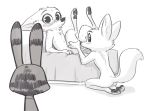  2018 anthro bed blush breath canine caught cheek_tuft clothed clothing disney ear_markings facial_markings female female/female fox fuel_(artist) fur_markings greyscale group jack_savage kneeling lagomorph looking_at_viewer male mammal markings monochrome nude pawpads rabbit reclining selfcest simple_background skye_(zootopia) square_crossover sweat thigh_grab tongue tongue_out tuft white_background zootopia 