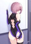  absurdres arm_up ass backless_outfit bangs bare_shoulders bee_doushi black_gloves black_leotard blush breasts commentary_request elbow_gloves eyebrows_visible_through_hair fate/grand_order fate_(series) gloves hair_over_one_eye hand_on_own_ass highres indoors large_breasts leotard looking_at_viewer looking_back mash_kyrielight open_mouth pink_hair purple_eyes signature solo thigh_strap 