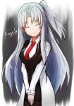  angela_(lobotomy_corporation) character_name closed_eyes commentary_request english_commentary facing_viewer hands_together lobotomy_corporation long_hair long_sleeves necktie nidaime_(doronbo) open_mouth red_neckwear side_ponytail solo very_long_hair white_hair 