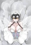  absurdres alternate_costume bouquet breasts bride chain dress fate/grand_order fate_(series) flower from_above gauntlets headpiece highres holding holding_bouquet jeanne_d'arc_(alter)_(fate) jeanne_d'arc_(fate)_(all) kagura_ren large_breasts parted_lips short_hair silver_hair smile solo strapless strapless_dress wedding_dress white_dress yellow_eyes 
