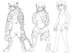  anthro breasts clothed clothing feline female hair human human_to_anthro killpanda leopard mammal monochrome mostly_nude open_mouth pussy sequence short_hair simple_background solo standing surprise torn_clothing transformation white_background 