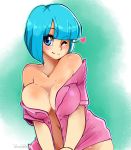  1girl aqua_hair blue_eyes blush breasts bulma collarbone dragon_ball eyebrows_visible_through_hair geeflakes gradient_background heart large_breasts looking_at_viewer naked_shirt navel no_bra one_eye_closed pink_shirt short_hair simple_background smile solo wink 