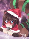  2018 anthro blue_eyes blush breasts brown_fur brown_hair canine christmas clothed clothing eyewear female fur glasses hair hat holidays looking_at_viewer lying mammal nipples on_front open_mouth partially_clothed santa_hat solo tanuki youki 