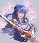  blue_eyes blue_hair cape celice_(fire_emblem) fire_emblem fire_emblem:_seisen_no_keifu fire_emblem:_thracia_776 garmmy gloves headband holding holding_sword holding_weapon long_hair looking_at_viewer male_focus ponytail simple_background smile solo sword traditional_media tyrfing_(fire_emblem) watercolor_(medium) weapon 