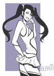  1girl arrancar artist_request black_hair bleach breasts female loly_aivirrne long_hair looking_at_viewer looking_back monochrome skirt small_breasts smile standing twintails 