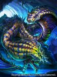  acid cave closed_eyes commentary dragon forked_tongue highres monster multiple_heads no_humans official_art red_eyes rock seisen_cerberus slit_pupils snake striped tongue tongue_out watermark wings z.dk 