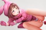 1girl after_vaginal aftersex blush bottomless brown_hair censored cum cum_in_pussy eyebrows_visible_through_hair ginhaha gloves hat hoodie llenn_(sao) long_sleeves lying mosaic_censoring on_side open_mouth penis pink_eyes pink_gloves pink_hat pussy saliva simple_background solo_focus sweat sword_art_online sword_art_online_alternative:_gun_gale_online teeth 