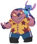  2018 4_eyes 4_fingers 4_toes alien alpha_channel black_eyes blue_claws blue_fur blue_nose blue_tongue chest_tuft claws clothed clothing digital_drawing_(artwork) digital_media_(artwork) disney duo experiment_(species) fur hawaiian_shirt head_tuft hi_res jumba_jookiba kweltikwan lilo_and_stitch looking_at_another multi_eye notched_ear on_shoulder open_mouth open_smile outline overweight purple_skin shirt shorts signature simple_background size_difference smile standing stitch toe_claws toes transparent_background tuft xgglitch yellow_sclera 