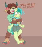  ! anthro anthrofied blue_eyes blush bovine caroo clothing dialogue duo english_text equine female friendship_is_magic horse hug male mammal my_little_pony pony sandbar_(mlp) text wide_eyed yak yona_(mlp) 