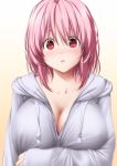  :d arm_under_breasts blush breasts casual cleavage commentary_request eyebrows_visible_through_hair hood hood_down hooded_sweater hoodie long_hair long_sleeves looking_at_viewer nori_tamago open_mouth pink_hair saigyouji_yuyuko short_hair smile sweater touhou 