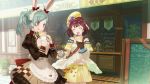  animal_ears apron atelier_(series) atelier_sophie bare_shoulders blue_hair blush bow breasts brown_eyes brown_hair bunny_ears crepe eating food game_cg jewelry long_hair maid_apron multiple_girls navel necklace noco_(adamas) official_art short_hair skirt smile sophie_neuenmuller tess_heitzmann tongue tongue_out 