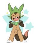  2018 4_fingers animal_genitalia anthro balls big_head blush brown_fur chespin clothing cub digital_media_(artwork) eyes_closed fur happy holding_object holding_underwear male navel nintendo oob open_mouth open_smile penis penis_tip pink_nose pok&eacute;mon pok&eacute;mon_(species) sheath simple_background smile solo standing thick_tail underwear video_games young 