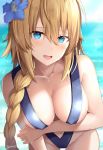  arm_under_breasts bare_shoulders blonde_hair blue_eyes blush braid breast_hold breasts cleavage collarbone commentary covered_nipples dripping fate/grand_order fate_(series) flower hair_flower hair_ornament highres jeanne_d'arc_(fate)_(all) large_breasts leaning_forward long_hair looking_at_viewer open_mouth rin_yuu slingshot_swimsuit solo swimsuit teeth very_long_hair wet 