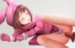  1girl blush bottomless brown_hair censored disembodied_penis eyebrows_visible_through_hair eyes_closed ginhaha gloves hat hoodie llenn_(sao) long_sleeves lying mosaic_censoring on_side open_mouth penis pink_gloves pink_hat pussy pussy_juice saliva sex simple_background solo_focus sword_art_online sword_art_online_alternative:_gun_gale_online teeth vaginal 