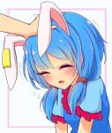  animal_ears bangs blue_hair blush bunny_ears closed_eyes commentary_request eyebrows_visible_through_hair floppy_ears flying_sweatdrops highres inon low_twintails open_mouth out_of_frame petting seiran_(touhou) short_sleeves solo_focus touhou twintails upper_body 