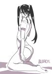  1girl arrancar artist_request ass barefoot black_hair bleach breasts curvy female loly_aivirrne long_hair looking_at_viewer looking_back monochrome panties small_breasts solo tongue_out twintails underwear 