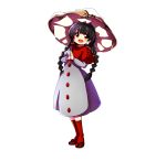  absurdres ajirogasa baba_(baba_seimaijo) black_hair braid buttons capelet dress earlobes full_body grey_dress hands_together hat highres long_hair long_sleeves looking_at_viewer open_mouth red_capelet red_eyes red_legwear sandals solo standing touhou transparent_background twin_braids yatadera_narumi 