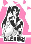  1girl arrancar artist_request ass black_hair bleach breasts curvy dress female loly_aivirrne long_hair looking_at_viewer looking_back monochrome shoes sitting skirt small_breasts solo twintails 