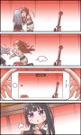  4koma :3 :d :o =3 ^_^ bang_dream! bangs belt black_hair black_legwear black_neckwear black_skirt brown_hair cellphone chasing closed_eyes comic dress electric_guitar eyebrows_visible_through_hair female_pov flying_sweatdrops frilled_shirt_collar frills grey_hair grey_sweater guitar guitar_stand half_updo highres holding holding_phone imai_lisa indoors instrument jewelry kyou_(user_gpks5753) long_hair long_sleeves looking_at_another minato_yukina multiple_girls neck_ribbon off-shoulder_sweater open_mouth paw_pose pendant phone pov purple_eyes recording ribbed_sweater ribbon running shirokane_rinko silent_comic skirt slit_pupils smartphone smile sweatdrop sweater sweater_dress thighhighs 