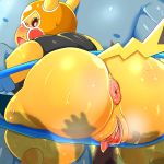  anus big_butt blush bottomless butt clitoris clothed clothing cosplay_pikachu duo female feral fur grape_jelly_(artist) huge_butt looking_back machamp mask nintendo open_mouth pikachu pikachu_libre plump_labia pok&eacute;mon pok&eacute;mon_(species) puffy_anus pussy sweat thick_thighs tongue video_games wide_hips yellow_fur 