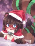  2018 anthro blue_eyes blush breasts brown_fur brown_hair canine christmas clothed clothing eyewear female fur glasses hair hat holidays looking_at_viewer lying mammal on_front open_mouth partially_clothed santa_hat solo tanuki youki 