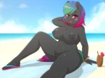  2018 absurd_res anthro areola beach bedroom_eyes beverage big_breasts black_feathers blush bracelet breasts chest_tuft cleavage clothed clothing cloud cup equine erect_nipples eyebrows eyelashes fan_character feathered_wings feathers female footwear fur gradient_hair hair half-closed_eyes hand_behind_head hi_res jewelry looking_at_viewer mammal my_little_pony navel nipples nude omegaozone open_mouth open_smile outside paintheart pegasus pink_eyes portrait pose presenting presenting_pussy pubes pussy sandals seaside seductive shadow short_hair sitting sky slightly_chubby smile solo straw thick_thighs tongue towel tuft water wings 