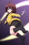  1girl ahoge artist_request ass bike_shorts blush boots brown_hair dual_wielding from_behind from_below hoodie huge_weapon linne looking_back purple_eyes reverse_grip shiny shiny_hair short_hair solo sword under_night_in-birth weapon 