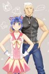  1boy 1girl abs animal_ears apollo_(doubutsu_no_mori) artist_name belt blue_eyes blue_hair blush bouquet_(doubutsu_no_mori) bow bowtie cat_ears doubutsu_no_mori gloves grey_background personification sailor_collar tsutsuji_(hello_x_2) white_hair 