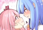 blue_hair blush commentary_request directional_arrow eye_contact face-to-face hands_on_another's_face imminent_kiss incest kotonoha_akane kotonoha_aoi long_hair looking_at_another multiple_girls ominaeshi_(takenoko) open_mouth pink_hair ribbon siblings sisters smile voiceroid yuri 