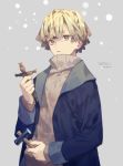  agatsuma_zenitsu alternate_hairstyle blonde_hair blue_coat bright_pupils brown_sweater coat dated grey_background hammer holding kimetsu_no_yaiba latin_cross long_sleeves looking_at_viewer male_focus open_clothes open_coat parted_lips ribbed_sweater signature snowing solo sweater upper_body yamakawa yellow_eyes 