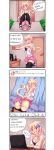  1girl 4koma ;d absurdres animal_ears ass bed bedroom blonde_hair blush bowl box breasts cat_ears cat_tail cleavage comic commentary computer covered_nipples door english english_commentary fang fast-runner-2024 followers heart highres huge_filesize incredibly_absurdres laptop large_breasts looking_at_viewer looking_back nervous_smile one_eye_closed open_mouth original package panties pillow pleated_skirt red_eyes rice_bowl self_shot skirt skirt_lift smile speech_bubble striped striped_panties sweatdrop tail taking_picture thighhighs tiffy typo underwear webcam white_panties 