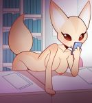  2018 aggressive_retsuko anthro blush breasts canine cellphone digital_media_(artwork) female fennec fenneko fox mammal navel nipples nude office on_table phone pinup pocki07 pose sanrio simple_background solo sticky_note table 