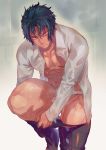  black_hair fate/grand_order fate_(series) fundoshi haiki_(tegusu) highres hijikata_toshizou_(fate/grand_order) japanese_clothes looking_at_viewer male_focus open_clothes open_shirt red_eyes rokushaku_fundoshi scar serious solo standing standing_on_one_leg undressing wet wet_clothes wet_hair 