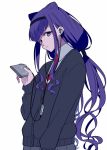  black_hairband cardigan cassette_player commentary double_bun earbuds earphones hairband highres holding hugtto!_precure l'avenir_academy_uniform listening_to_music long_hair looking_at_viewer low_twintails necktie ponekusan precure purple_eyes purple_hair ruru_amour school_uniform shirt simple_background skirt solo twintails upper_body walkman white_background 