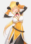  anarchojs armor blonde_hair blush bodystocking caramelldansen closed_eyes dancing darkness_(konosuba) hair_ornament highres kono_subarashii_sekai_ni_shukufuku_wo! ponytail simple_background solo x_hair_ornament 