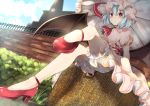  basket bat_wings bloomers blue_hair bush cloud commentary_request day dress feet foreshortening hat high_heels highres leg_up legs miri_(miri0xl) outdoors pink_dress red_eyes red_footwear remilia_scarlet scarlet_devil_mansion shoes short_hair sky solo touhou umbrella underwear wall wings 