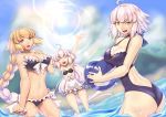  ahoge bikini black_bikini_top blonde_hair blue_eyes braid breasts cleavage commentary_request eyebrows_visible_through_hair fate/apocrypha fate/grand_order fate_(series) jeanne_d'arc_(alter)_(fate) jeanne_d'arc_(fate) jeanne_d'arc_(fate)_(all) jeanne_d'arc_alter_santa_lily large_breasts long_hair looking_at_viewer multiple_girls one-piece_swimsuit open_mouth pixiv_fate/grand_order_contest_2 silver_hair single_braid smile swimsuit very_long_hair yellow_eyes younger yui_sora 