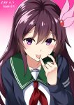  artist_name brown_hair commentary_request dated eyebrows_visible_through_hair finger_licking gradient gradient_background green_sailor_collar hair_between_eyes hair_ornament highres kamelie kantai_collection kisaragi_(kantai_collection) licking long_hair looking_at_viewer neckerchief pink_background pinky_out purple_eyes red_neckwear remodel_(kantai_collection) sailor_collar school_uniform serafuku solo upper_body white_background 