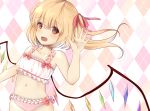  arm_up blonde_hair bra commentary_request crystal flandre_scarlet highres long_hair miri_(miri0xl) navel open_mouth panties red_eyes ribbon side_ponytail smile solo striped striped_panties touhou training_bra underwear underwear_only upper_body vertical-striped_panties vertical_stripes waving wings 