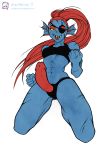  2017 5_fingers abs anna_matronic anthro athletic_female bedroom_eyes black_eyes blue_skin bra breasts clothing dildo ear_frills eye_patch eyelashes eyewear female fish frill gills hair half-closed_eyes long_hair looking_at_viewer marine midriff navel noseless panties ponytail red_hair scalie scar seductive sex_toy smile solo sports_bra standing strapon teeth tongue tongue_out undertale underwear undyne video_games yellow_sclera 