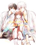  2018 2boys acaco black_gloves black_hair blue_eyes bouquet brown_eyes brown_hair china_dress chinese_clothes double_bun dress fingerless_gloves flower gintama glasses gloves happy_birthday highres holding holding_bouquet japanese_clothes kagura_(gintama) kimono long_hair multiple_boys parted_lips red_dress rimless_eyewear sakata_gintoki shimura_shinpachi silver_hair simple_background sitting sketch smile spiked_hair spoilers twintails white_background white_flower white_kimono 
