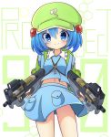  backpack bag blue_eyes blue_hair blue_skirt blush bright_pupils bullet bullpup closed_mouth commentary_request cowboy_shot dual_wielding eyebrows_visible_through_hair green_backpack green_hat gun hair_between_eyes hair_bobbles hair_ornament hat highres holding inon kawashiro_nitori key looking_at_viewer navel p90 pouch skirt skirt_set smile solo submachine_gun thighs touhou twintails v-shaped_eyebrows weapon 