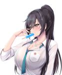  bangs black_hair blush bralines breasts cleavage collarbone commentary_request dog_tags dress_shirt food food_in_mouth green_neckwear hair_between_eyes high_ponytail highres idolmaster idolmaster_shiny_colors large_breasts long_hair loose_necktie moo_yoshio mouth_hold necktie ponytail popsicle school_uniform see-through shirase_sakuya shirt simple_background solo sweat wet wet_clothes wet_shirt white_background white_shirt yellow_eyes 